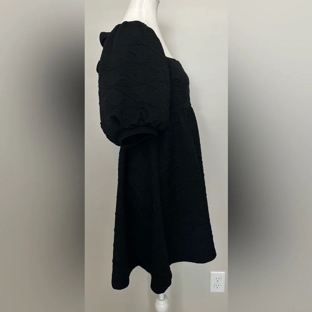Free People Violet Mini Dress Black Textured Puff Sleeve‎ Babydoll Open Back Bow